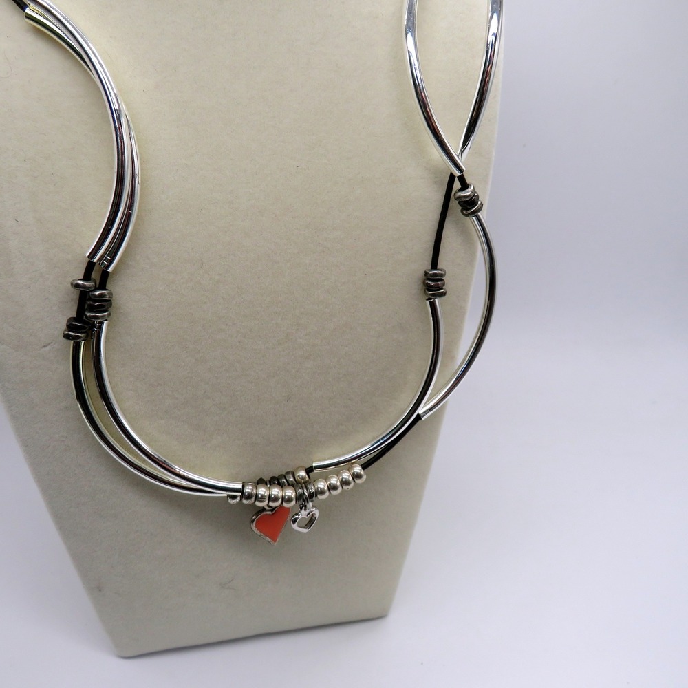 Lizzy James Red Enamel Heart Charm Leather Cord Silver Tube Necklace 21"